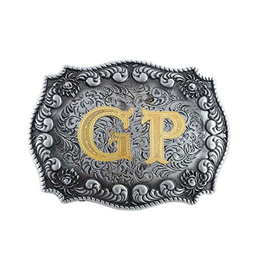 

Western Denim Customizable Double-Letter Zinc Alloy Retro Style A To Z Letters Vintage Pattern Leather Belt Buckle For Men