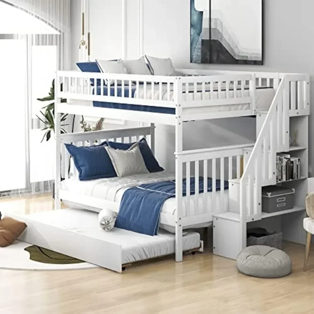 Full Over Full Bunk Bed with Trundle Bed, Wooden Bunk Bed with Staircase and Guardrail, Kids, Teens, Adults (White, Full/Full)