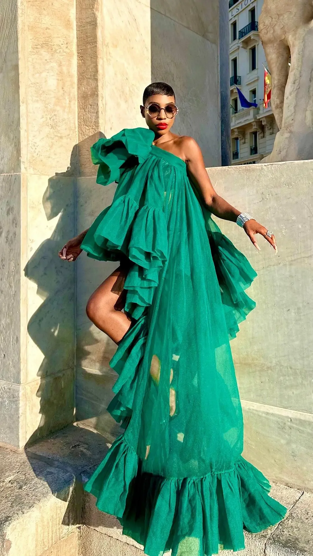 

Emerald Green One-Shoulder Asymmetric Blazer Tulle Draped Top for Women with Handmade Flower Detail Fashion Couture Long Top