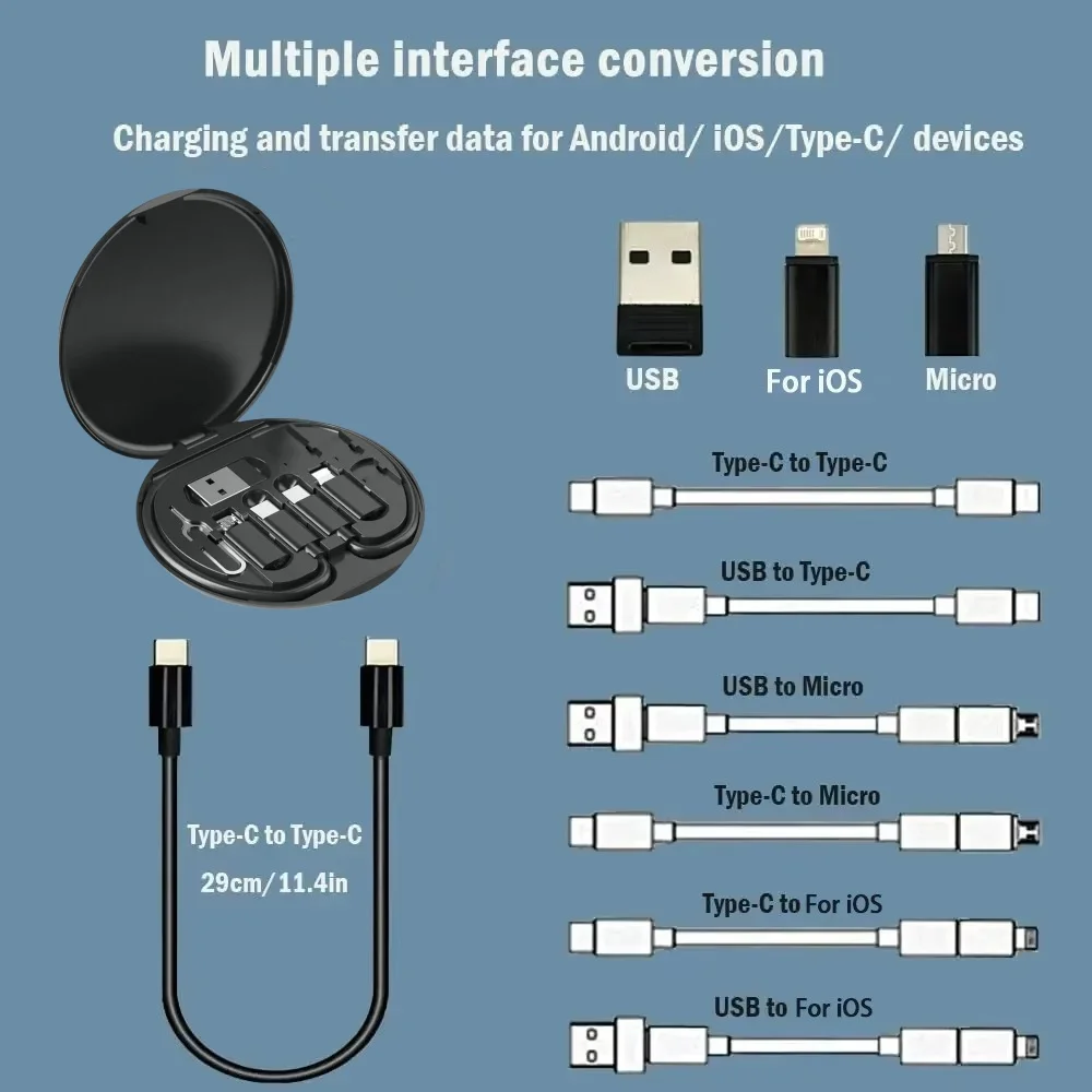 صندوق تخزين مجموعة كابل بيانات USB متعدد الوظائف مع مجموعة كابل محول شحن USB متعدد USB إلى محول USB من النوع C