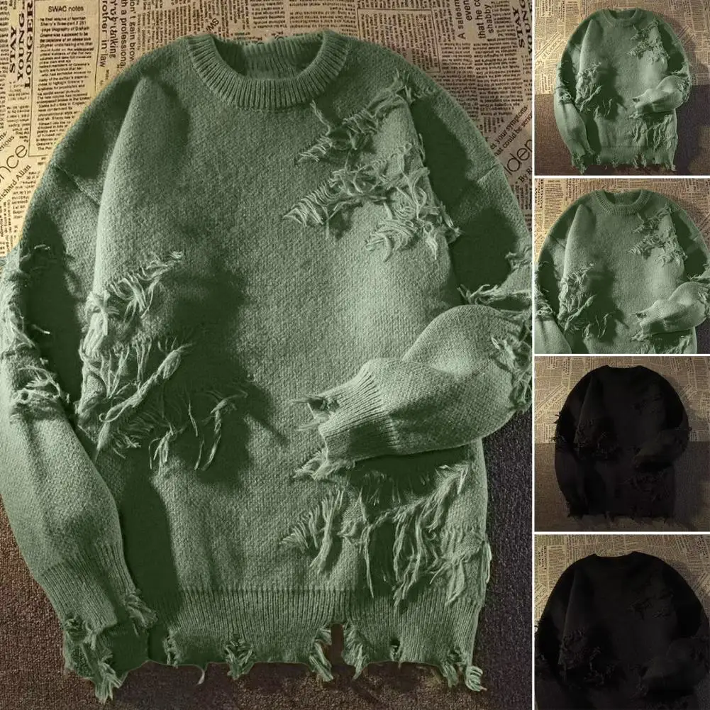 Ripped Men Sweater Men Sweater Vintage Hip Hop Men\'s Sweater Ripped Knitted Pullover with Warm Elasticity for Fall/winter