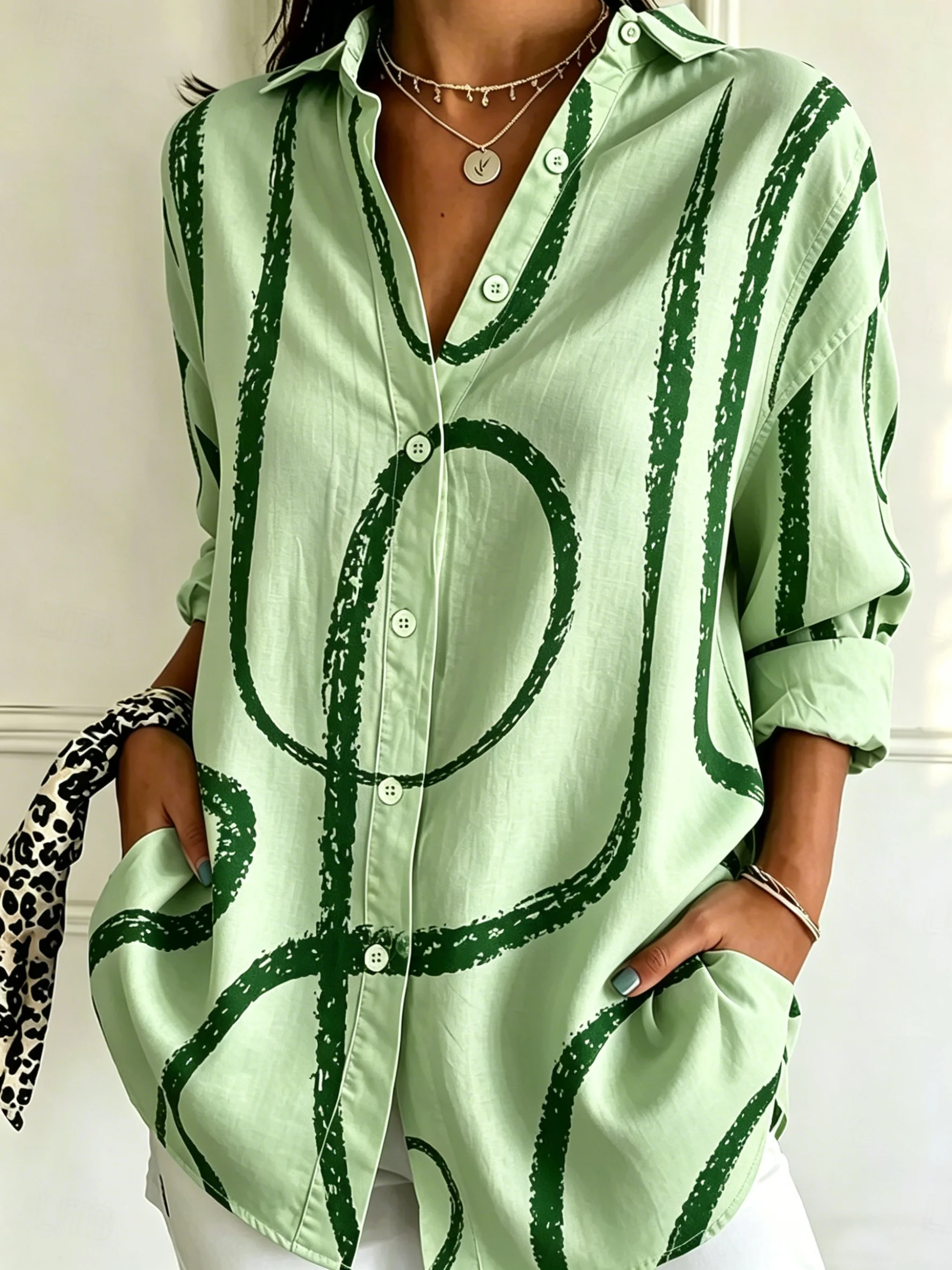 Camisa de Mujer con Cuello Solapa, Manga Larga, Estampado Abstracto de Líneas Verdes, con Botones, Estilo Casual y Elegante para Primavera, Verano, Uso Diario y Urbano
