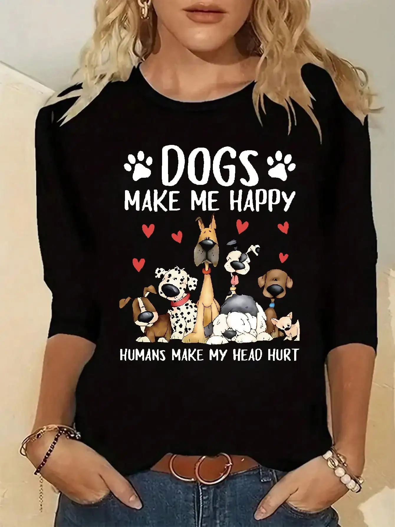 2026 Damen Frühling und Sommer Lässiges Slogan-Hunde-Print Rundhals Einfarbiges Langarm-Pullover T-Shirt – Detail 14