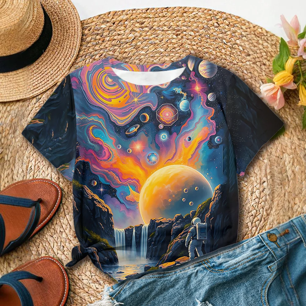 Camiseta con estampado de planeta y universo colorido para mujer, diseño artístico, moda informal, estilo veraniego, manga corta