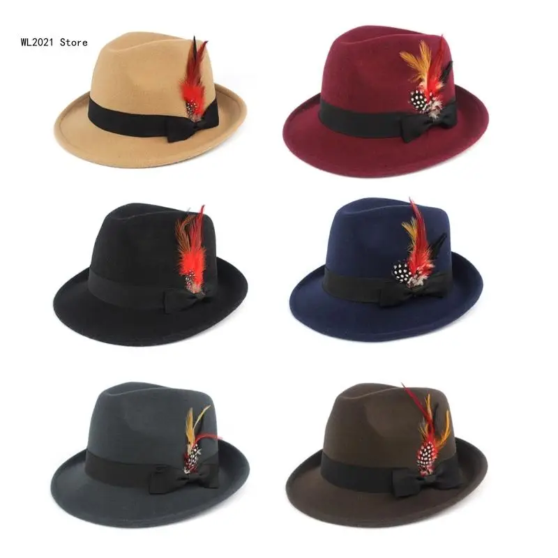 Western Top Hat Wide Brim Fedora Hat Gift for Boyfriend Top Hat Short Brim with Feather for Outdoor Gatherings