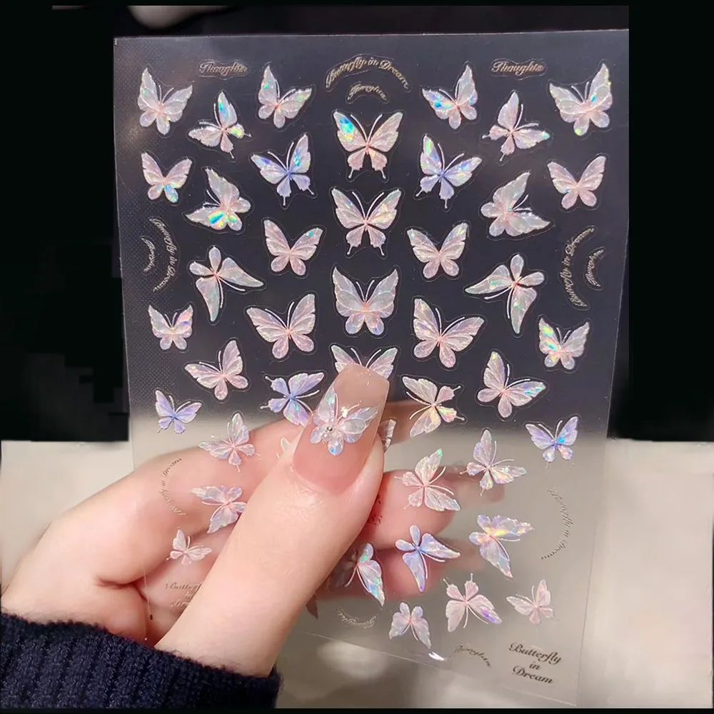 Pink Purple Aurora Shell Butterfly Nail Stickers Shiny Laser 3D Butterflies Nail Decals 8*10cm Adhesive Aurora Shell Butterfly N