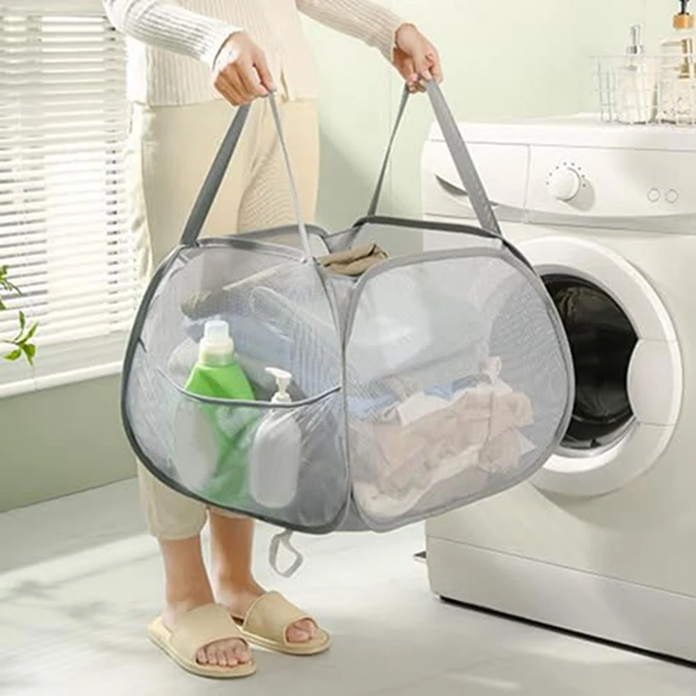 Collapsible Mesh -Up Laundry Hamper With Strong Handles, Opening Clothes Hamper With Side Pockets, Storage Baskets Durable -D