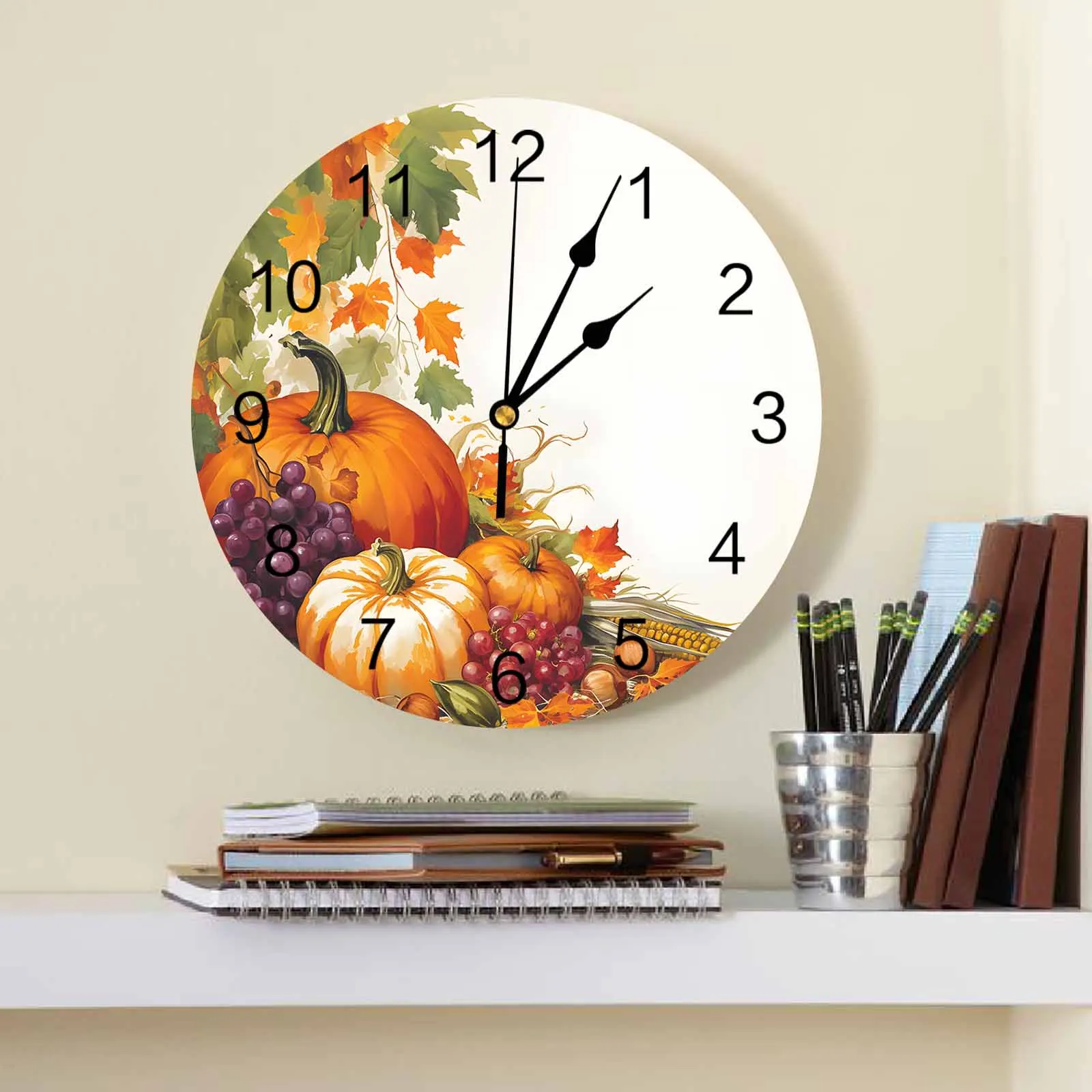 Autumn Orange Pumpkin Grape Maple Leaves Printed Wall Clock Modern Silent Clock Living Room Home Decor Wall Hanging Watch