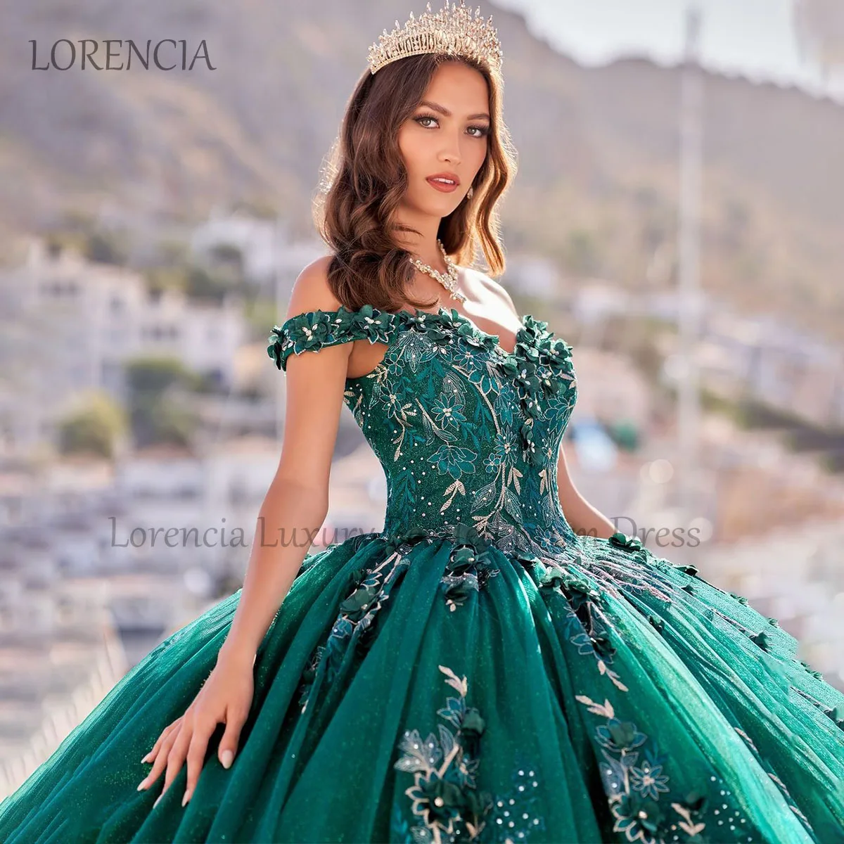 Vestido de baile de renda dourada, vestido verde luxuoso Quinceanera, trem destacável, Sweet 16, México 2024