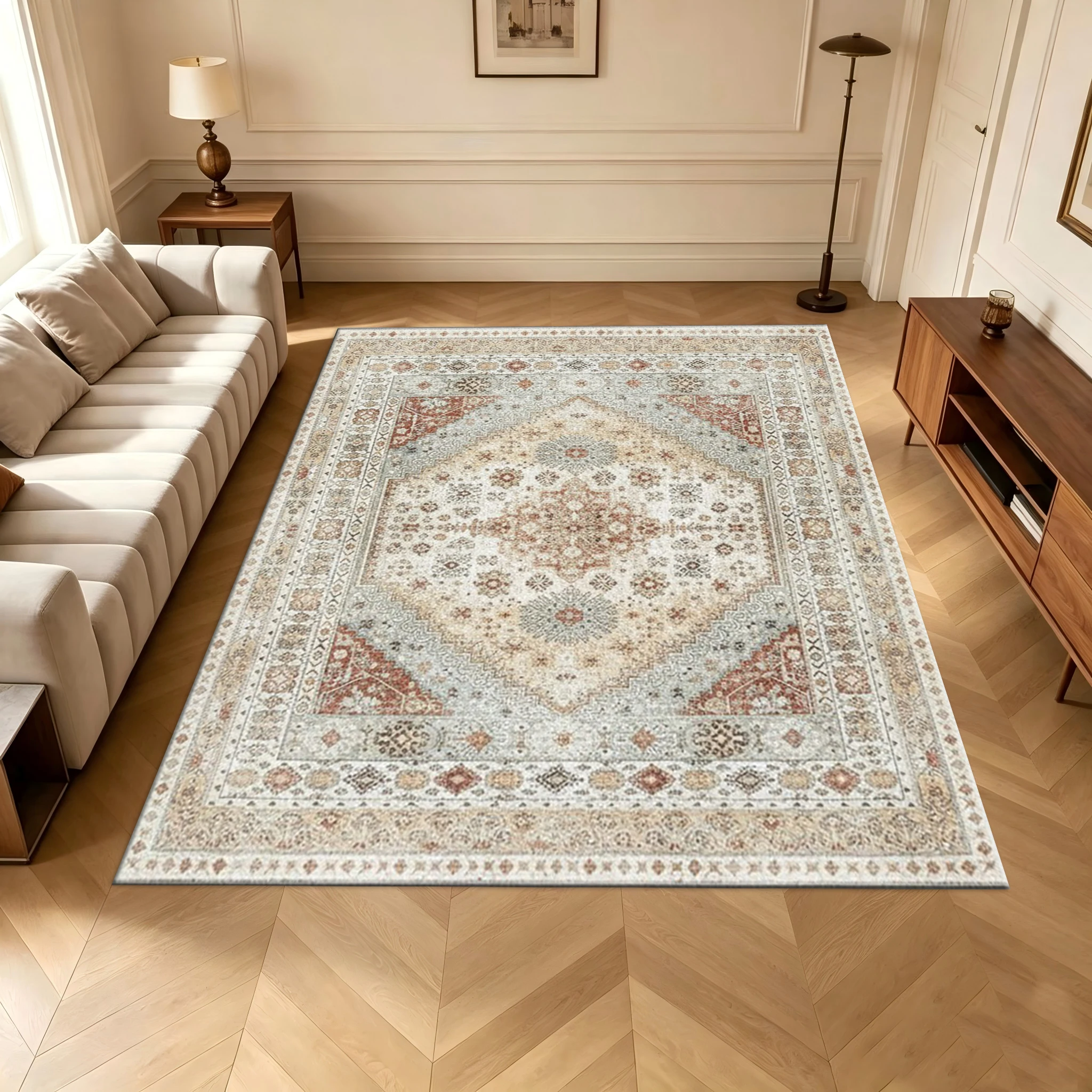 Vintage Neutral Oushak Area Rug Soft Beige Light Red Medallion Oriental Floral Floor Carpet for Living Room Bedroom Office Home Decoration
