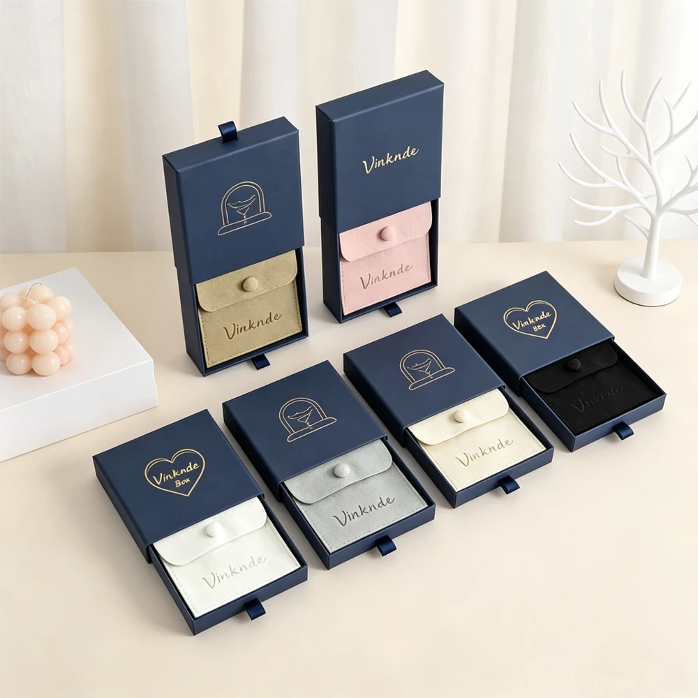 

24/50/100Pcs Customized 7x7x2.5cm Jewelry Box with 6x6cm Snap Bag Necklace Earrings Packaging Paper Drawer Boxes Bracelet Bags