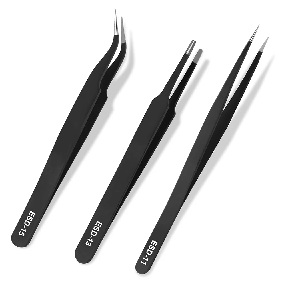 Workshop Gear  Tweezers Set,Upgraded Anti-Static Stainless Steel Tweezers, for Electronics Repair, Model Building 3PCS