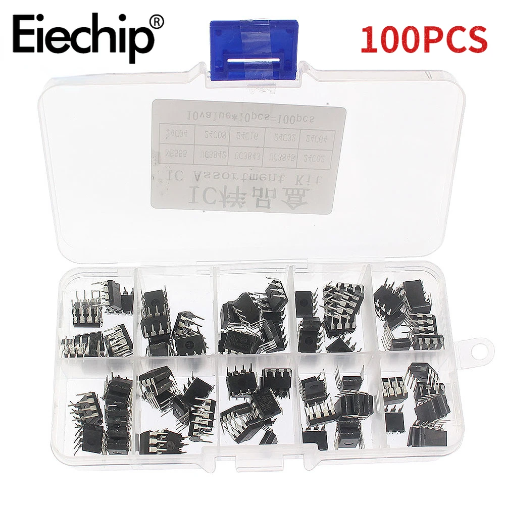 100PCS Integrated Circuit IC Chip Kit NE555 UC3842 UC3843 UC3845 24C02 24C04 24C08 24C16 24C32 24C64 DIP Electronics Kits