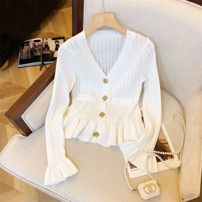 

Brand Fashion Rhinestone Knitted Cardigans Tops French Style V-neck Long Sleeve Ruffled Sweaters Elegant Lady Shirts