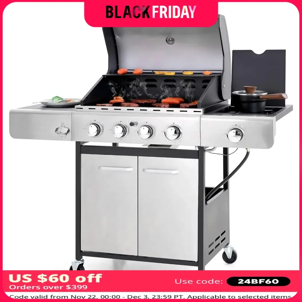 BBQ Grill with Side Burner and Porcelain-Enameled Cast Iron Grates,Unique Design, Easy To Clean, Barbecue Grill