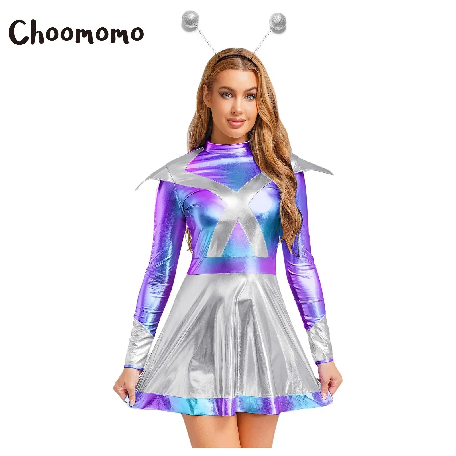 

Womens Alien Robot Astronaut Cosplay Dress Long Sleeve Metallic Shiny A-line Dress And Headwear Halloween Outerspace Party Suit