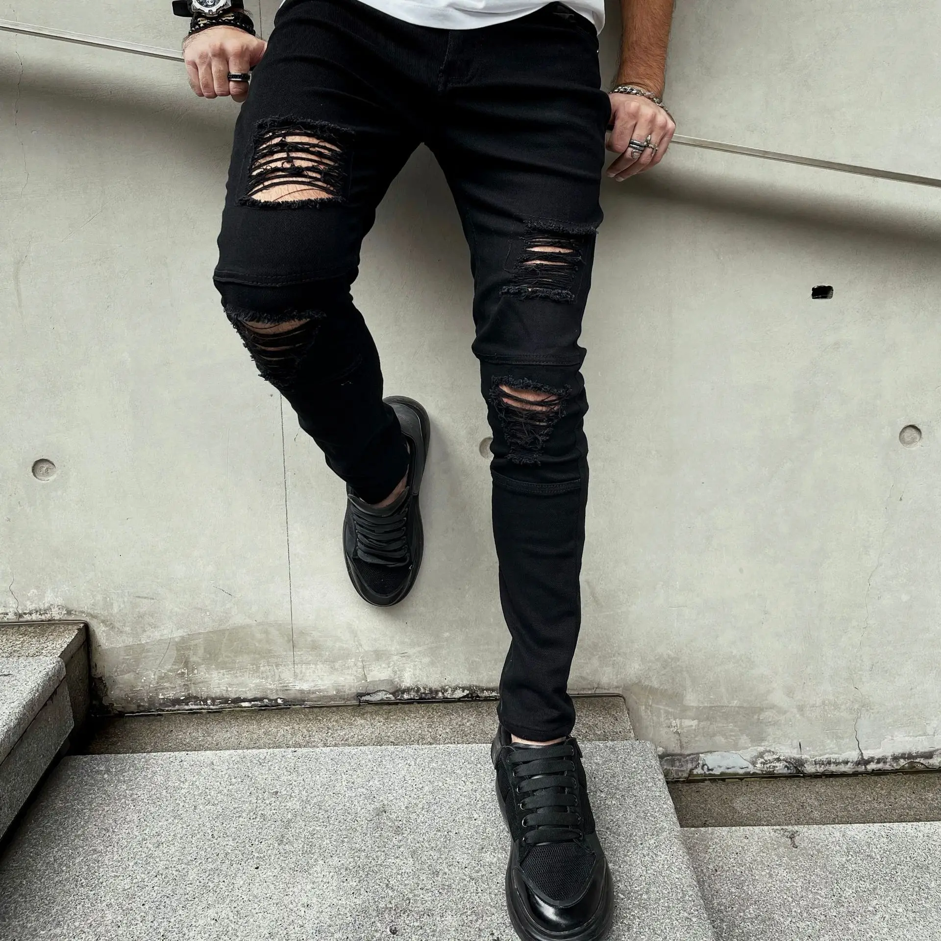 Men's Ripped Jeans Casual Stretch Slim-Fit Pants