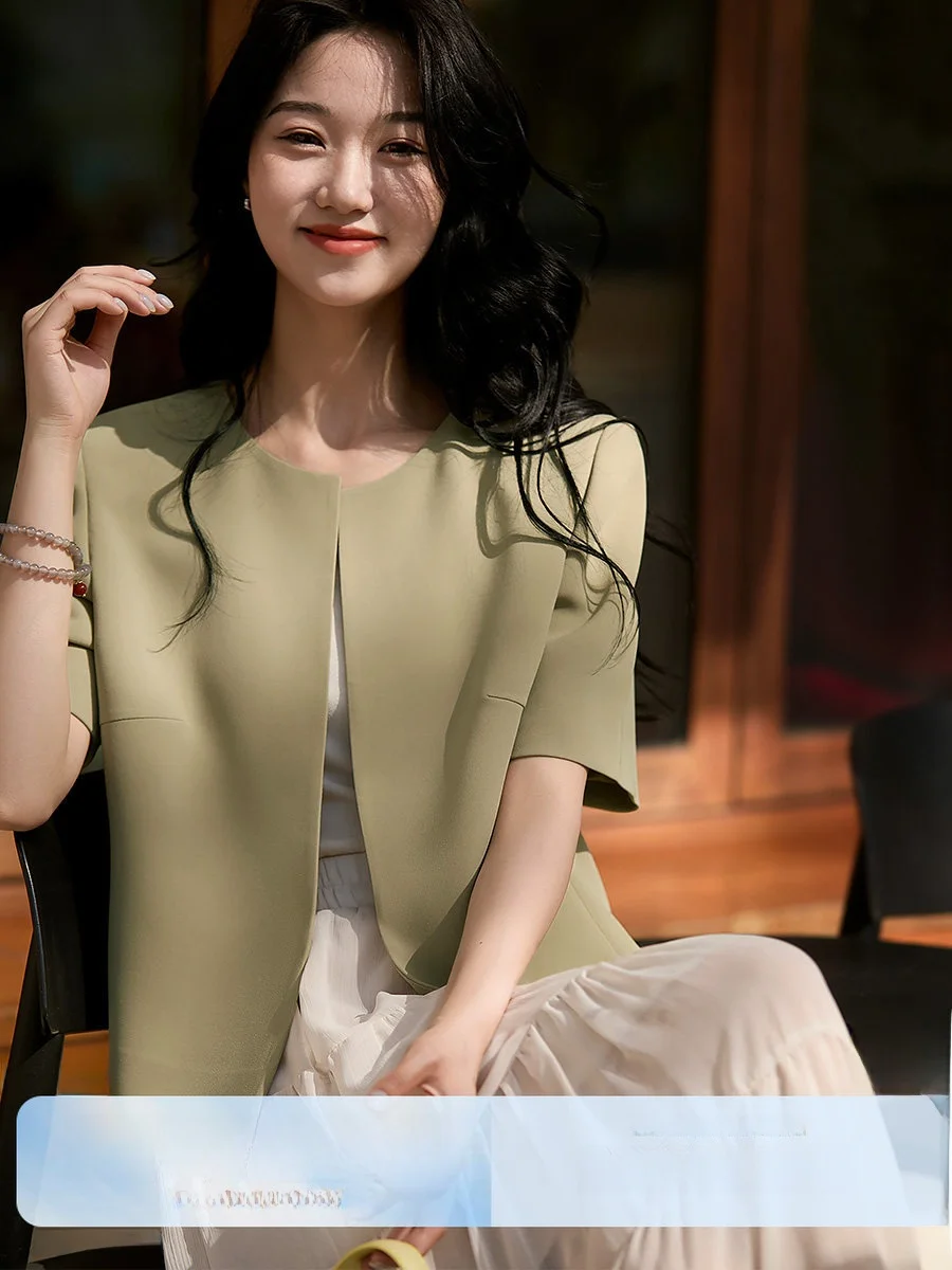 

XiaoHanGe Kaishu Series Summer Thin Short Sleeve round Neck Commute Coat Women's Fashionable Business Style Straight Hemline