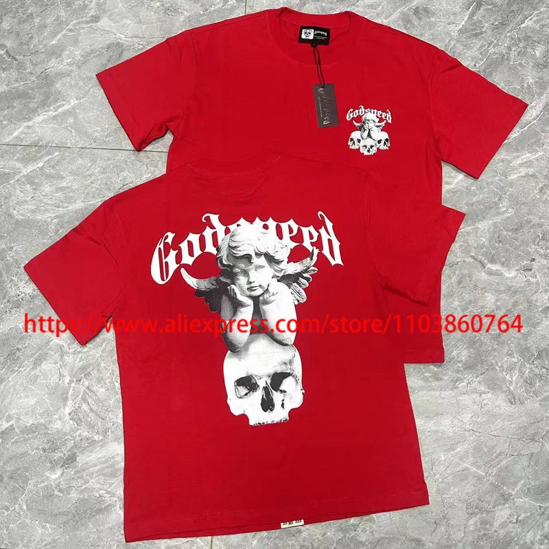 

Real Photos Godspeed T-shirts High Quality Red Tops Angel Stone Statue Print Oversize Casual GOD SPEED Tee Tops