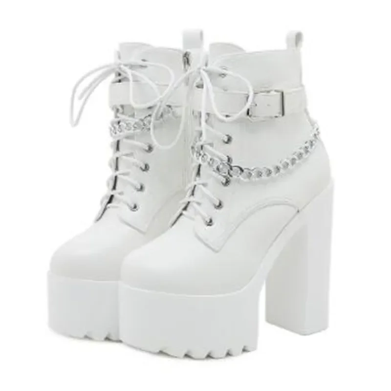 NEW Gothic Buckle Strap Ankle Boots Women Leather Platform Block Chunky Heels Chain Ultra High Heels Motorcycle Boot Botas Mujer