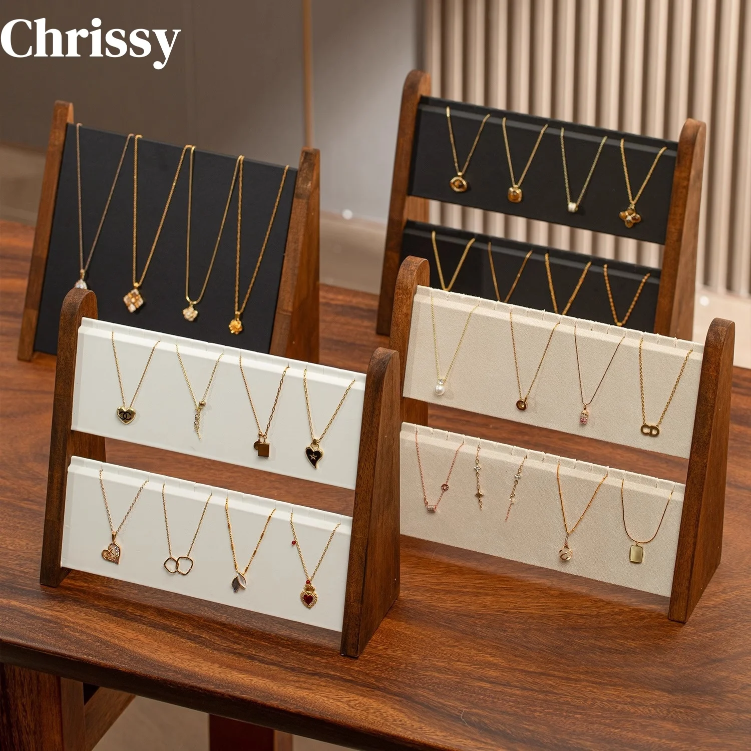 High-End Multi-Layer Jewelry Necklace Display Stand Props Walnut Wood Color Stall Decoration Accessories Showcase Holder