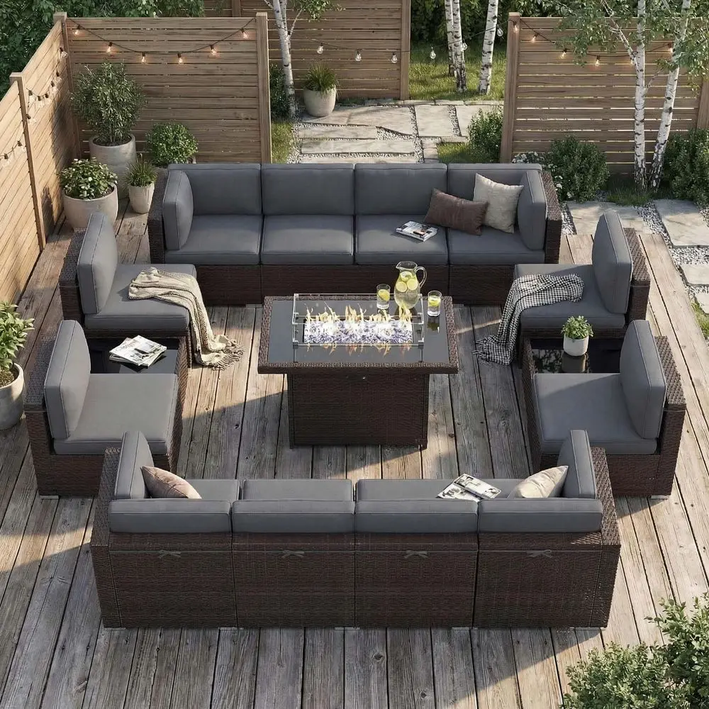 

Pieces Patio Furniture Set with 44 Propane Gas Fire Pit Table, Outdoor Sectional Brown Rattan Wicker Conversation Sofa Sets wit