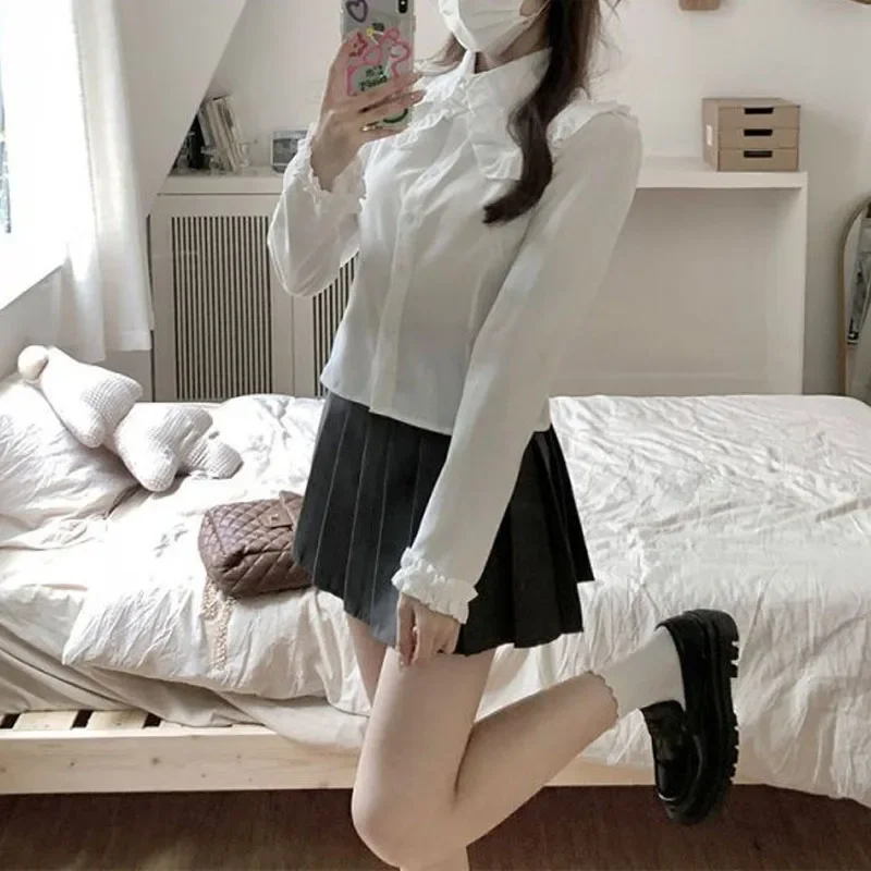 Korean Minimalist Spring Autumn New Women's Spliced Ruffles Polo-Neck Button Stylish Loose Preppy Style Long Sleeve Shirt Blouse