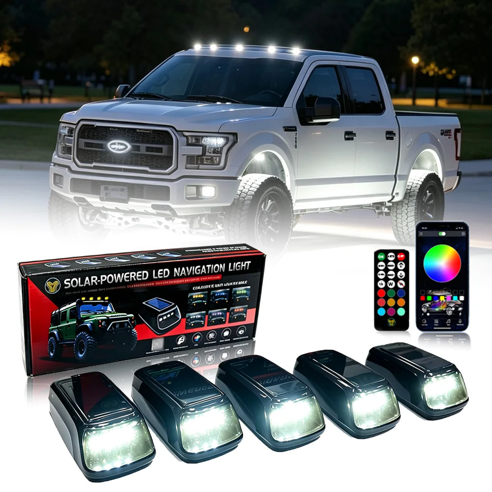 5PCS Multi-Mode Solar Cab Lights for Trucks RGB LED Marker Lights with Vibration Sensor No Drill Installation App Remote Control