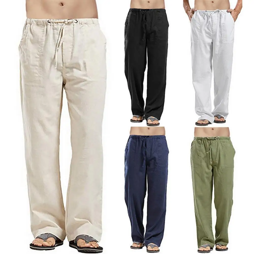 

Men Nature Cotton Linen Trousers Summer Joggers Pants Casual Male Solid Elastic Waist Straight Loose Running Pants Plus Size 5XL