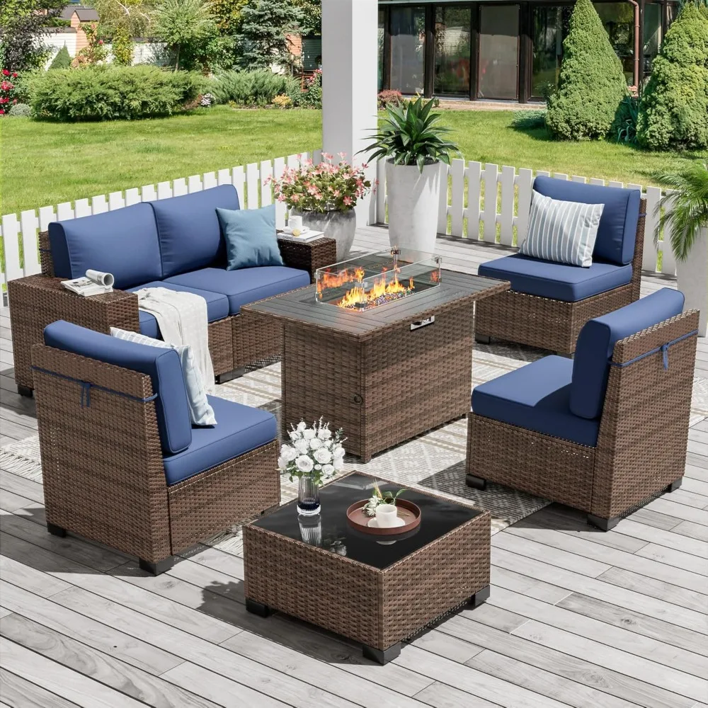 Sofá modular externo com mesa de lareira, conjunto de móveis de pátio com apoio de braço de 8 polegadas com capa à prova d'água