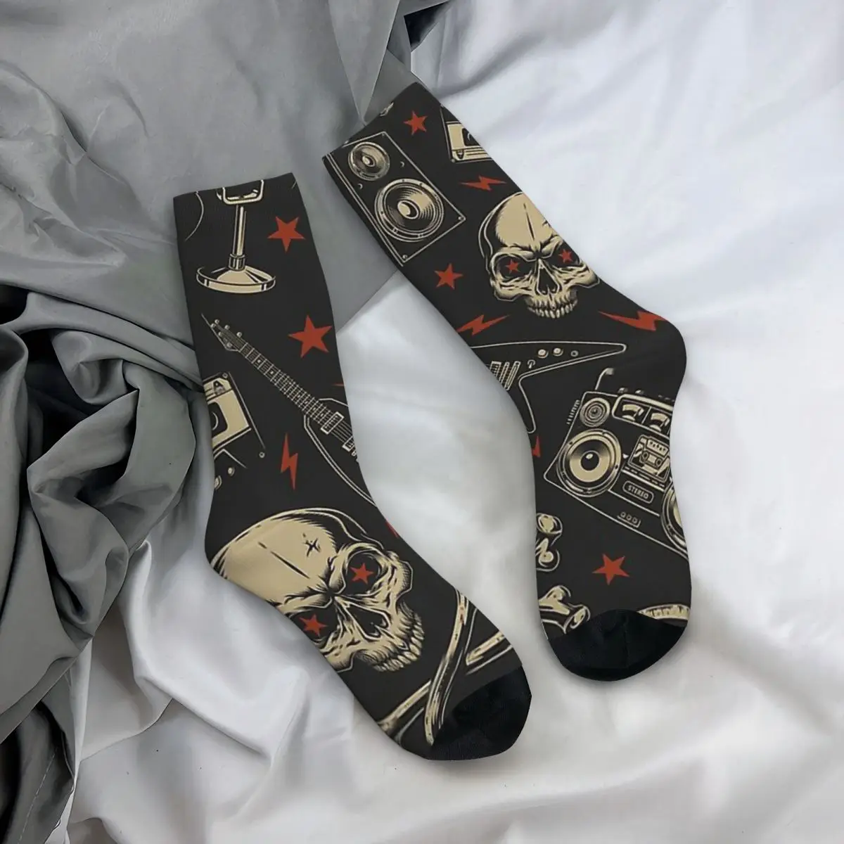 Chaussette d'équipage imprimée à motif respirant pour hommes, chaussettes amusantes, chaussettes heureuses, hip-hop grunge, musique rock and roll, cadeau décontracté