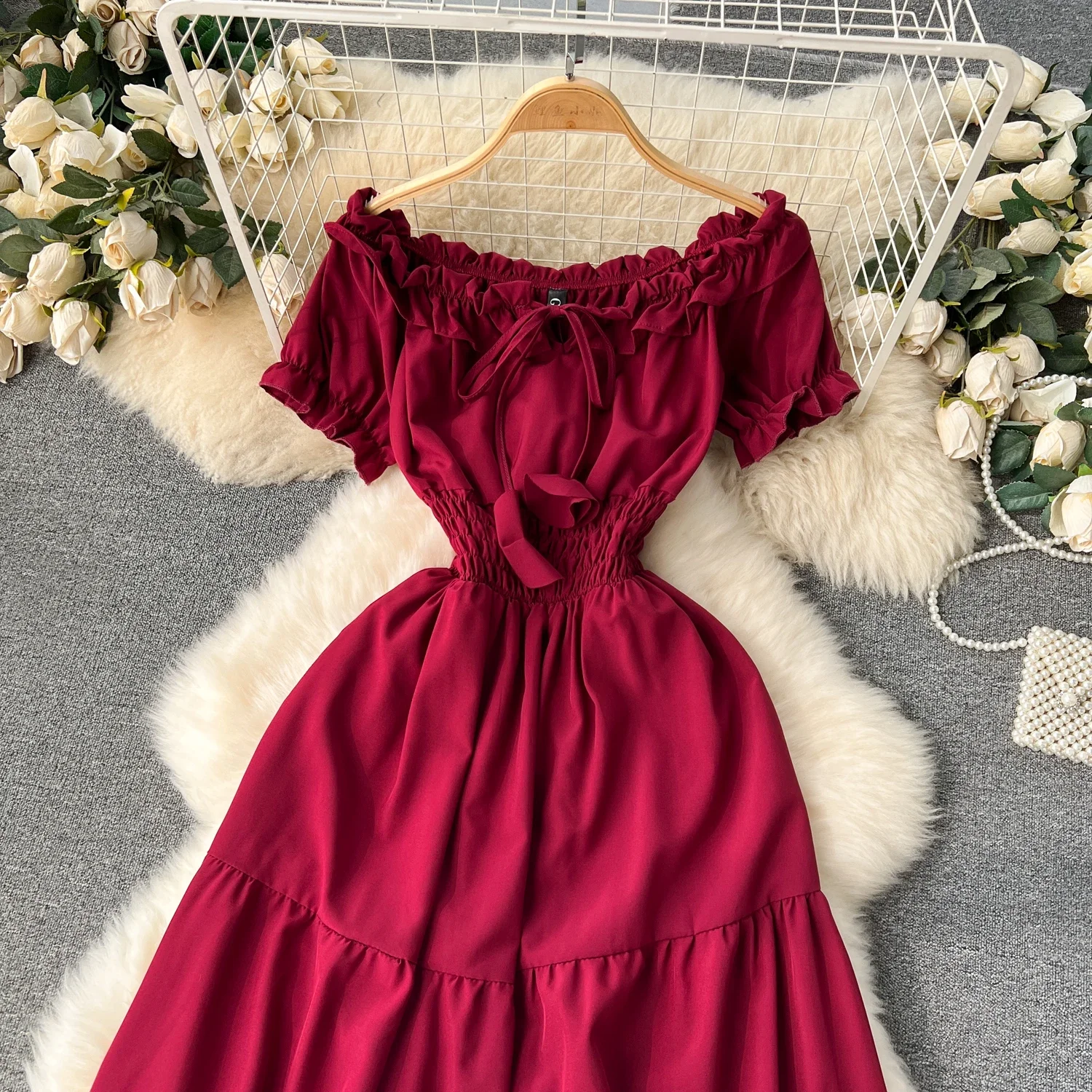 2024 New Summer Vacation Off Shoulders Slim Elastic Waist Long Dress Women Elegant Big Swing Maxi Beach Dress Party Robe Femme