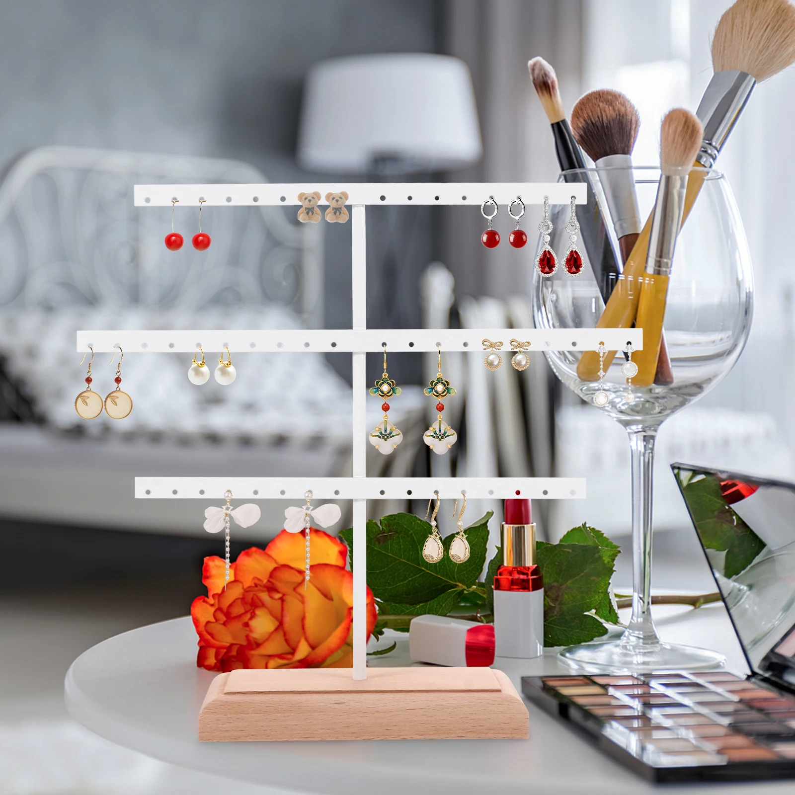 

Iron Wooden Jewelry Display St 3 layer Durable Holder Clear Grain Stylish Storage Shelf For Earrings Necklace Bracelet ganizer