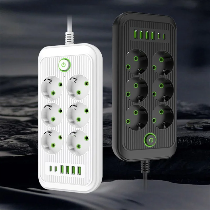 EU Plug AC Outlets Multitap Socket Extension Cord Electrical Power Strip Charging Network Filter Adapter Surge Protector