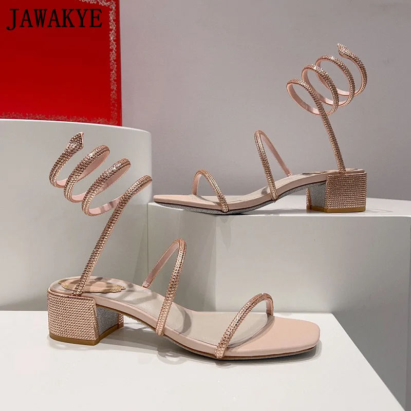 Open Toe Bling Crystal Sandals Women Open Toe Snake Ankle Strap Chunky Low Heels Mules Party Shoes Summer Wedding Shoes Woman