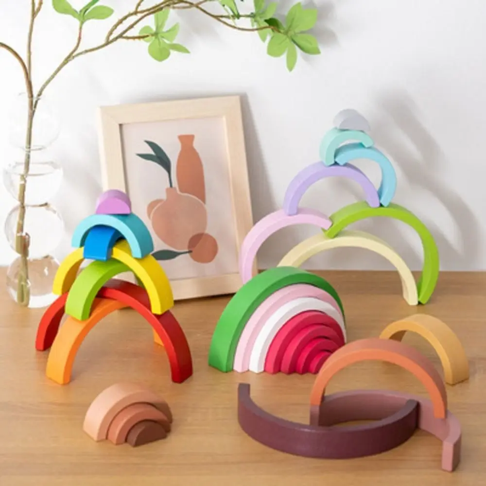 Educational Rainbow Building Blocks Interaction Wooden Building Blocks Game Learning Inserting Rainbow Arched Stacked Kids Gift