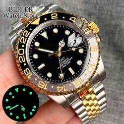 BLIGER NH34A 40mm Two Tone Gold NH34 GMT Automatic Watch For Men Ceramics Grey Black Bezel Dial Sapphire Glass Luminous 2023