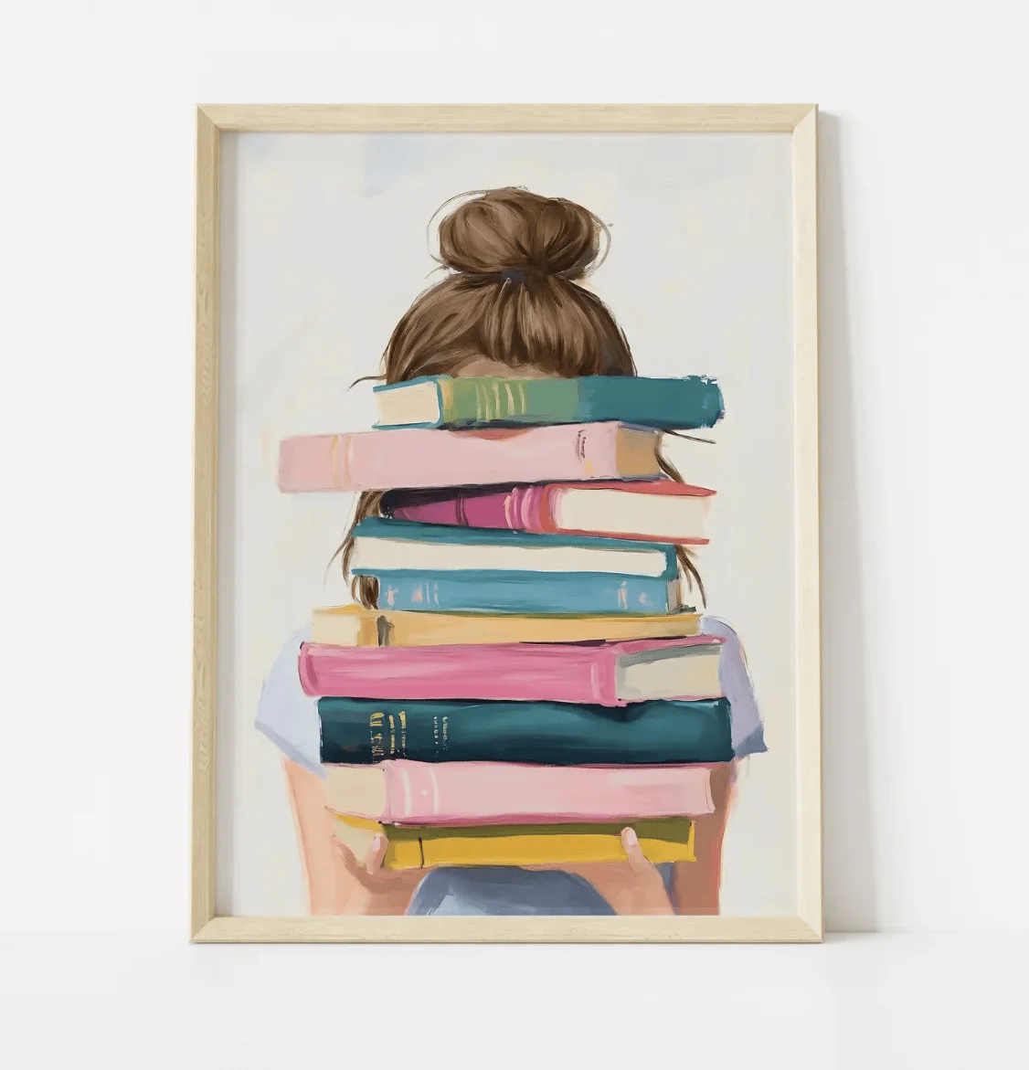 Book Lover Girl With Color Book Stack Canvas Wall Art Print, Reading Illustration Poster Decor for Study Bedroom Dorm Library
