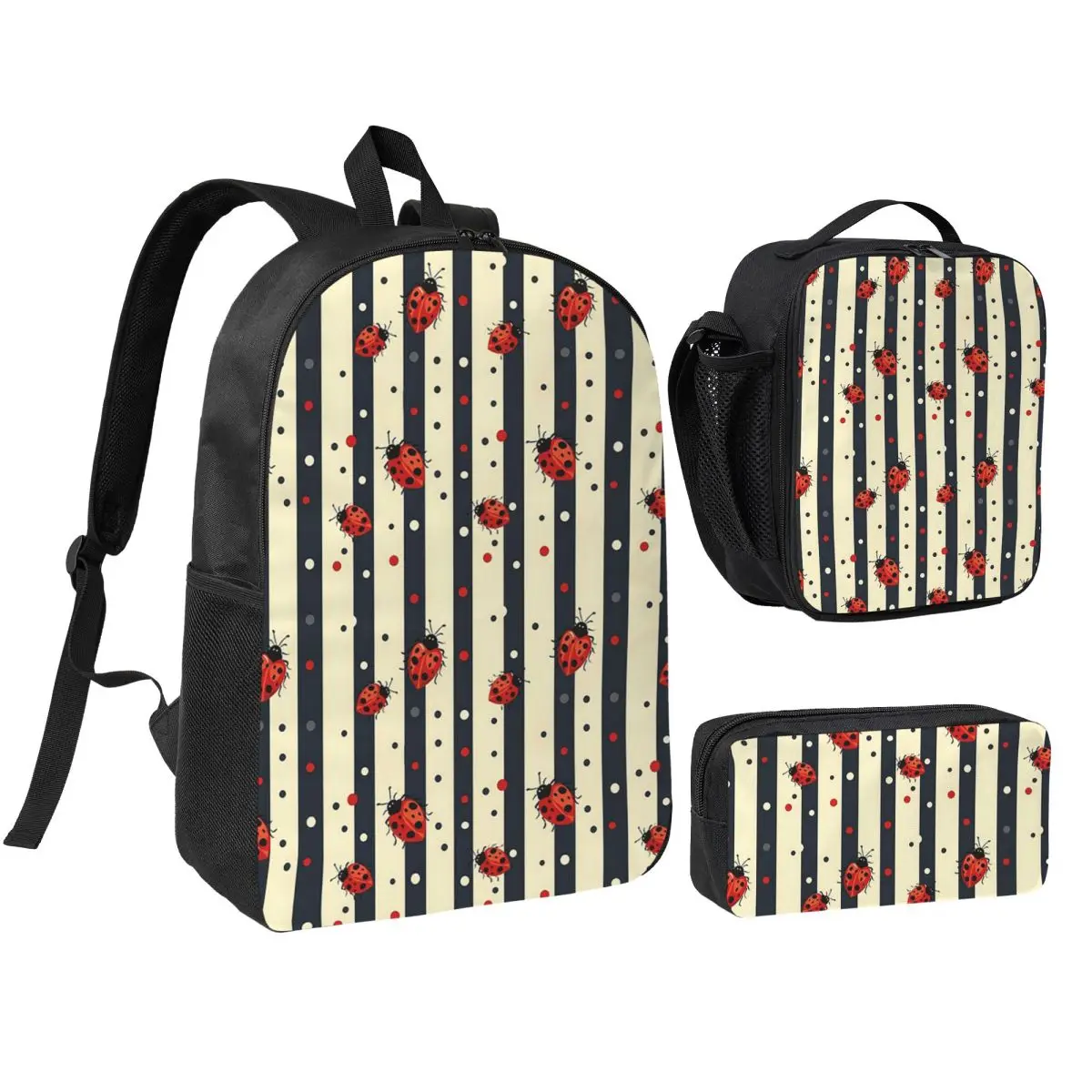 Cute Ladybug And Red White Polka Dots Backpack Boys Girls BookBag School Bag Shoulder Bags 3ps Insulated Lunch Bag Pencil Case