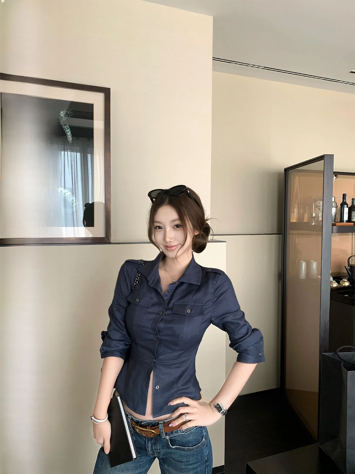 

Cotton Casual Style Women's Shirt Slim Fit Leeser Belted Spring Summer Fashion High Waist Chestnut Cocoa Linen Shirt