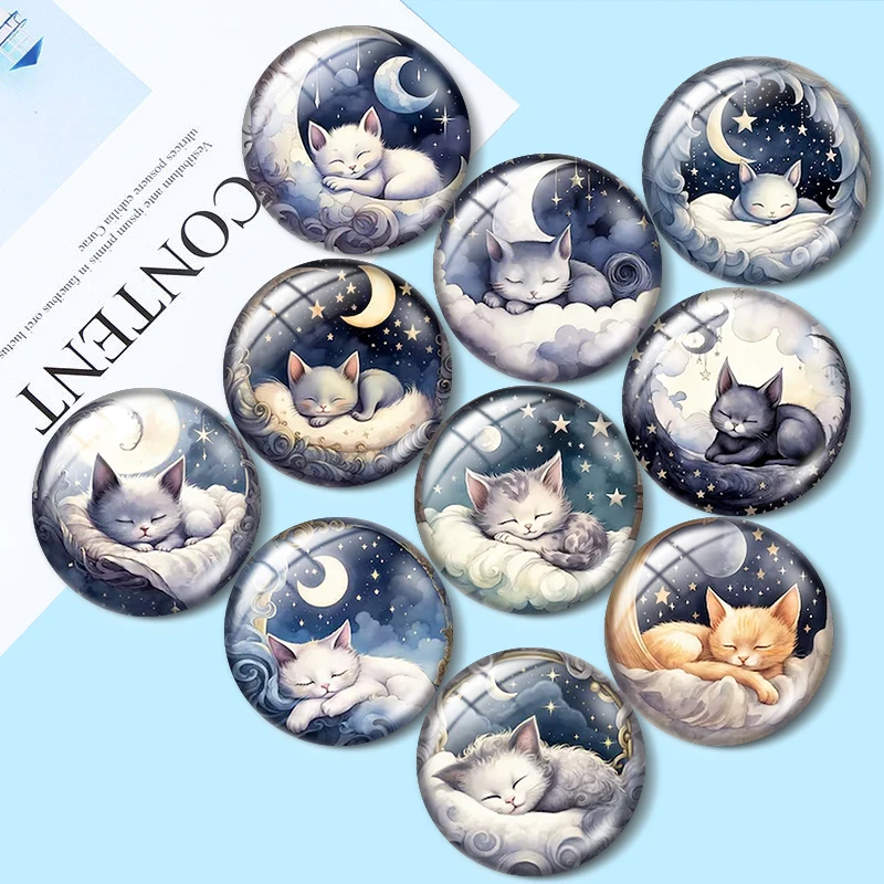 Sleeping Celestial Kitten 10pcs 12mm/16mm/18mm/25mm Round Photo Glass Cabochon Demo Flat Back Making findings