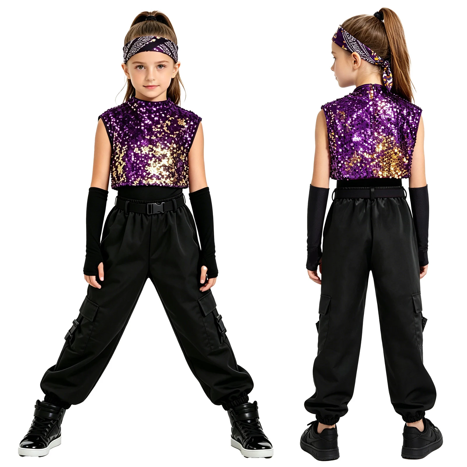 Kids Girls Sequin Performance Costume Sequin Bodysuit with Pants Belt Gloves Set Disco Hip Hop Jazz Latin Outfits Dancewear