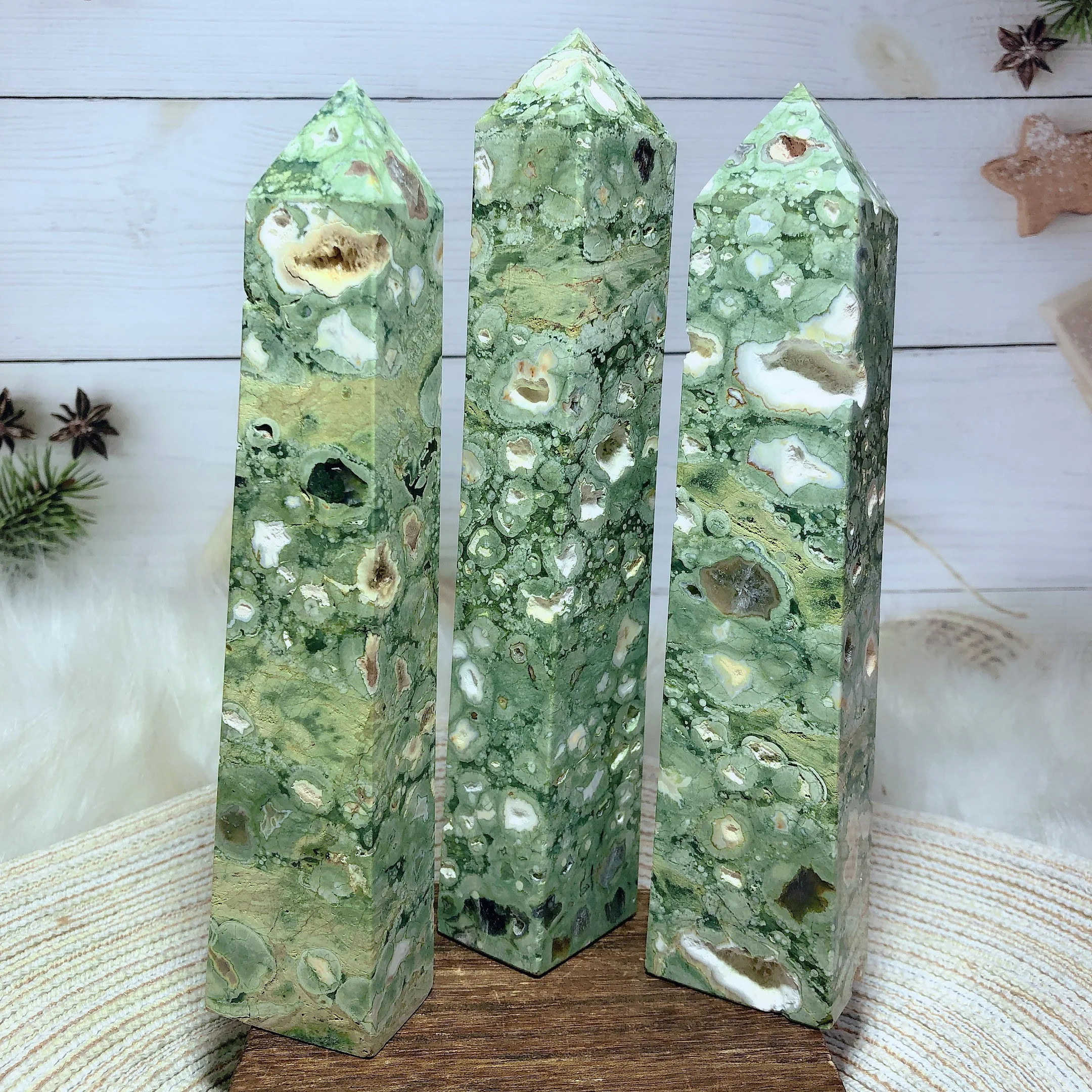 

High Quality Natural Crystal Rainforest Jasper Druzy Tower Big Points Healing Energy Geode Reiki Mineral Home Decoration Gift