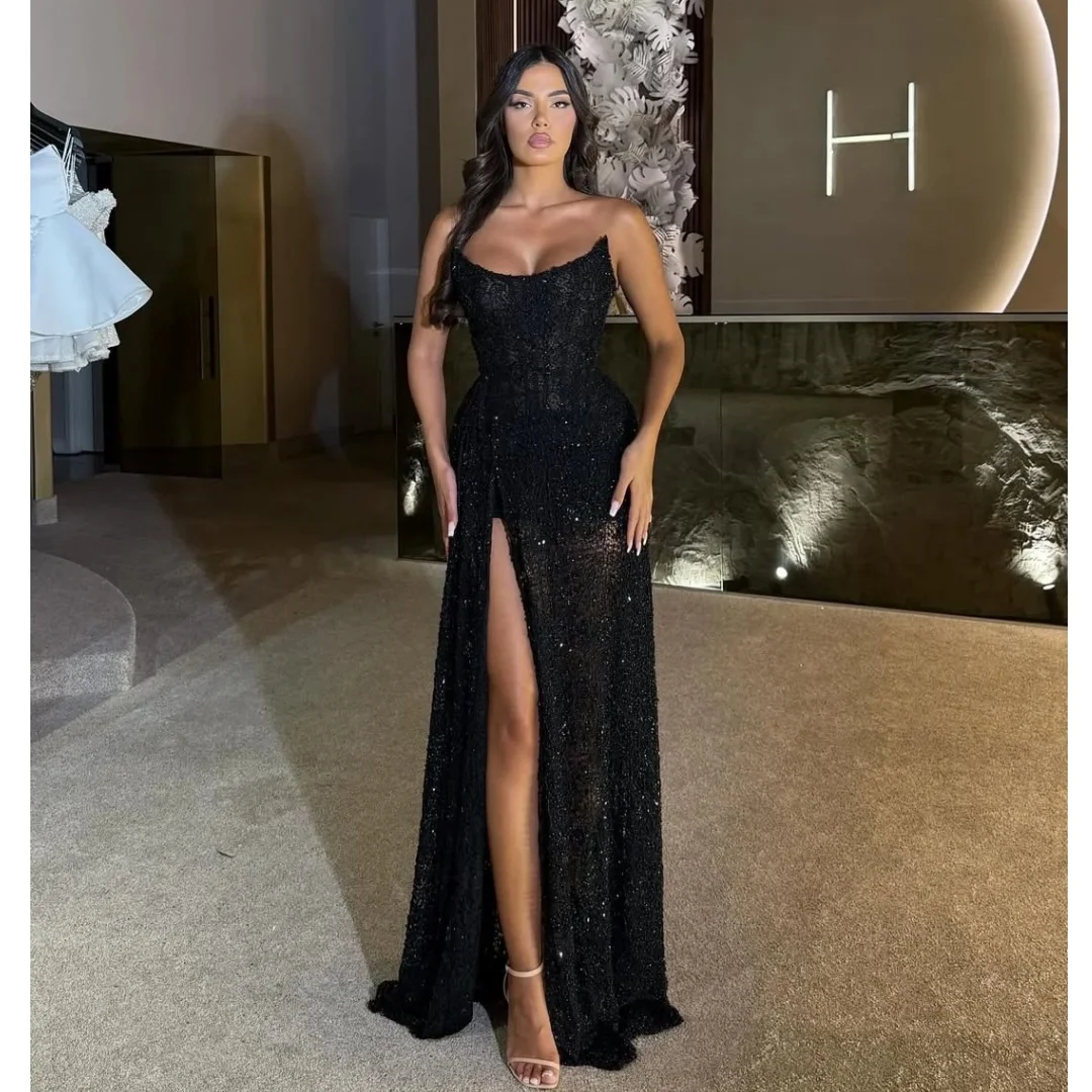 블랙 레이스 Strapless 이브닝 드레스 슬릿 Illusion Bodice 웨딩 파티 드레스 맞춤형 공식 댄스 파티 드레스 Sequined Vestidos