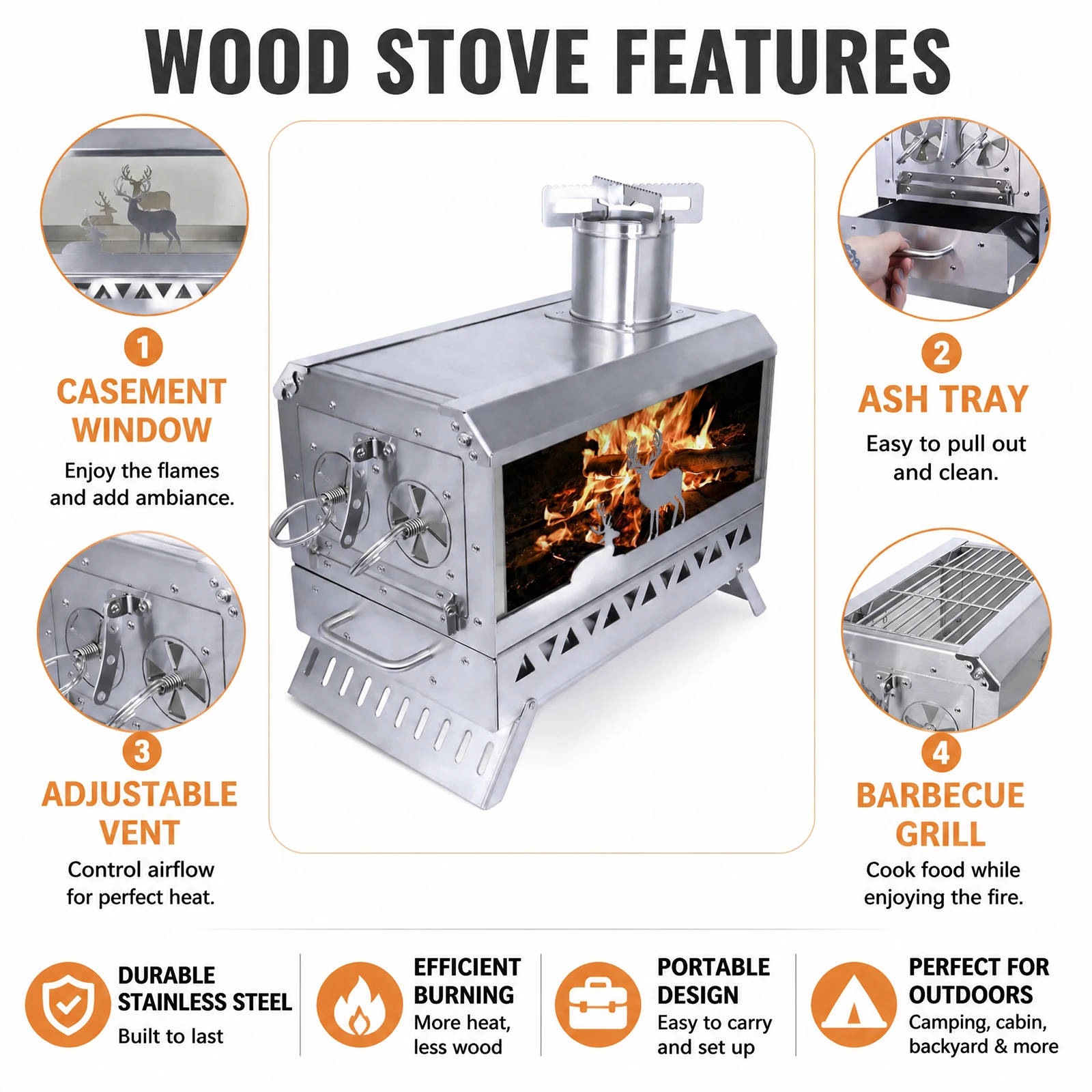 Portable Folding Wood Stove for Hot Tent Camping 2‑in‑1 BBQ Grill Wood Burning Stove with Chimney for Garden Outdoor Cooking