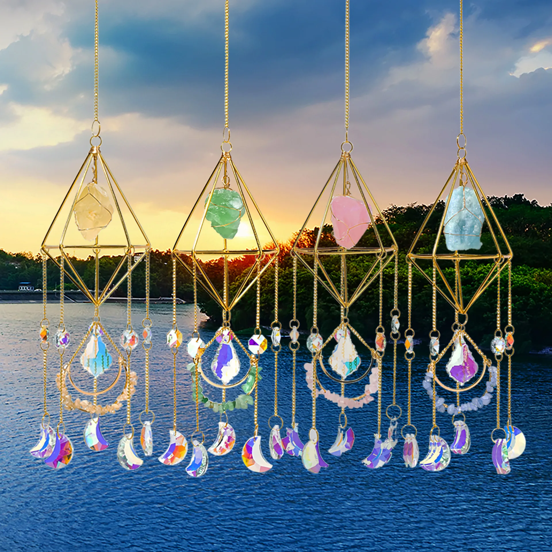 1pc gold flame moon crystal pendant sunlight catcher outdoor garden ab colourful hanging decorations hanging ornaments