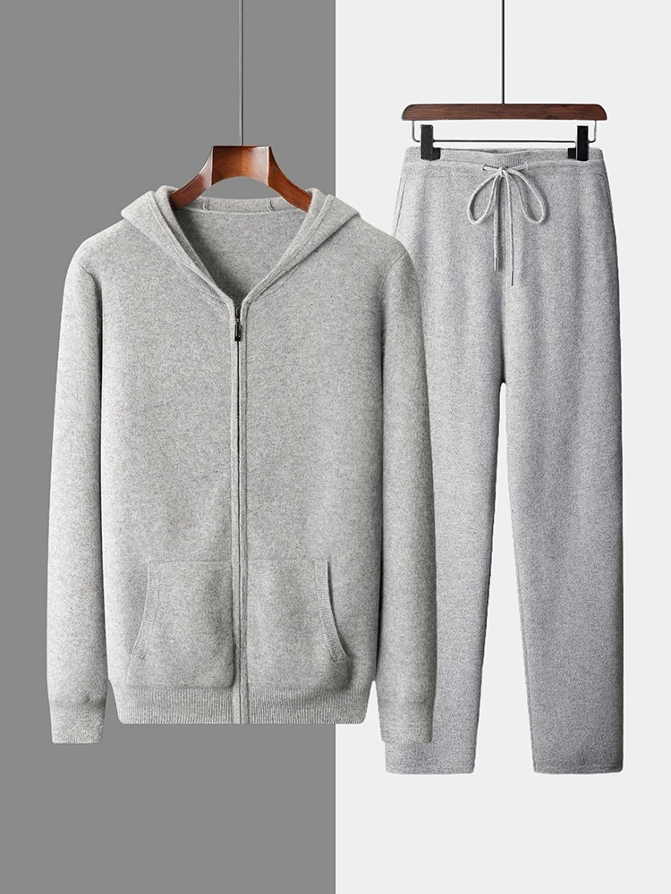 Men Sweater Suit Hooded Zipper Pullover Pants Autumn Winter Thick Warm Casual Clothing 100% Merino Wool Knitwear Trousers Tops