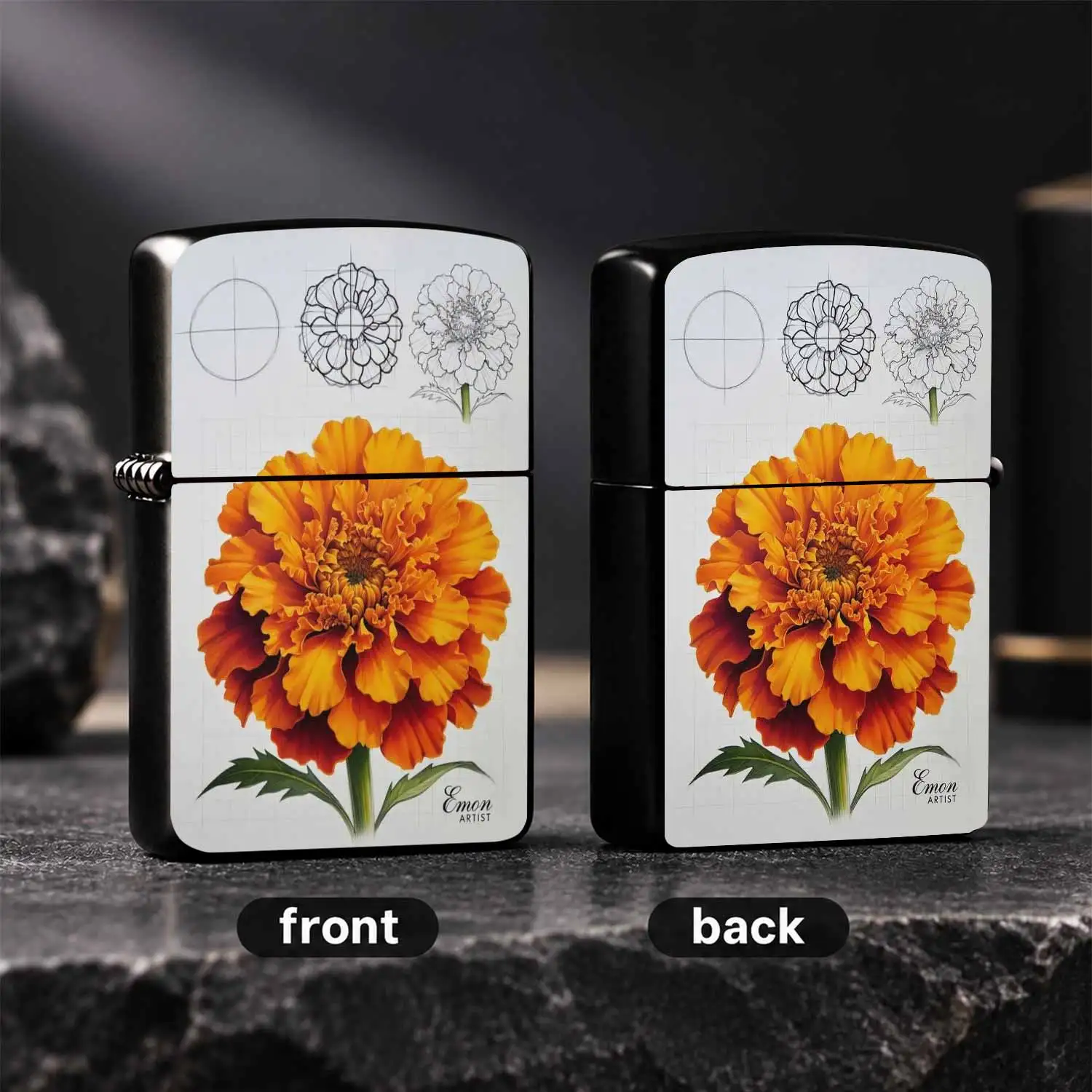 Artistic Marigold Sketch Pattern Lighter, Delicate Hand-Drawn Floral Design, Vibrant Orange Flower Decor, Portable Versatile Ignition Tool For Daily Outdoor Indoor Use, Ideal Unique Gift For Art And Flower Lovers A Humorous And Interesting