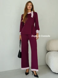 Elegant Bandage Winter Women Knitted Suit Casual 2 Piece Pants Top Matching Set Sexy Slit Knitted Two Piece Set For Women 2024