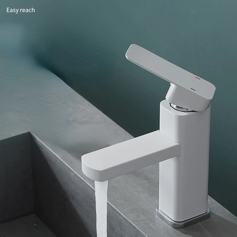 All Copper White Bathroom Faucet Hot&Cold Mixed Wash Basin Single Hole Square  